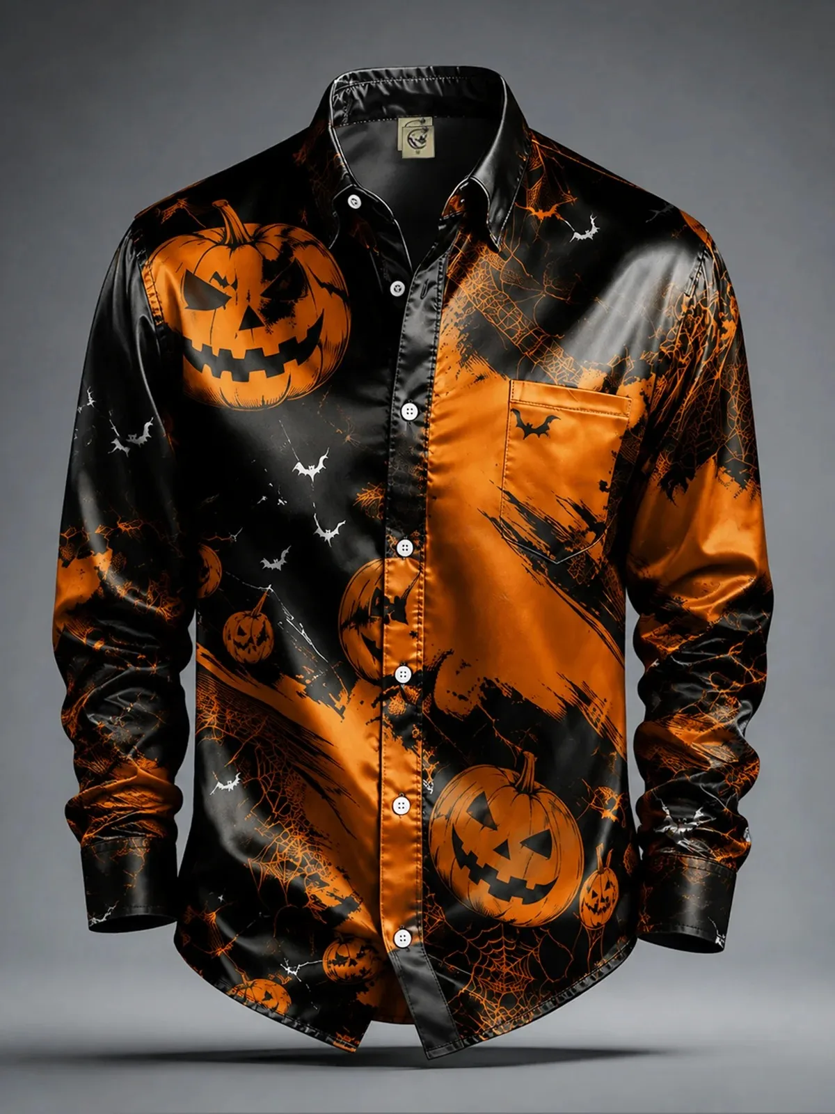 Men Satin 3D Print Long Sleeve Shirt Halloween Pumpkin Bat Spider Web Lapel Button Down Shirt