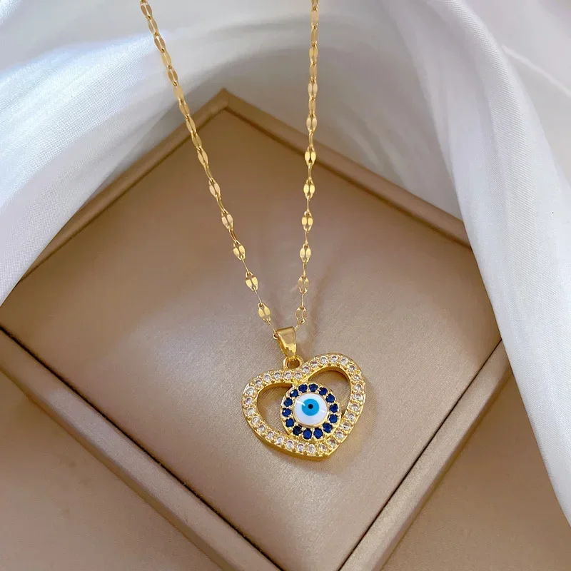 1pcs CZ Crystal Heart  Evil Eye Charm Necklace, Stainless Steel Blue Enamel Dangling Necklace , Minimalist Simple Chain Necklace