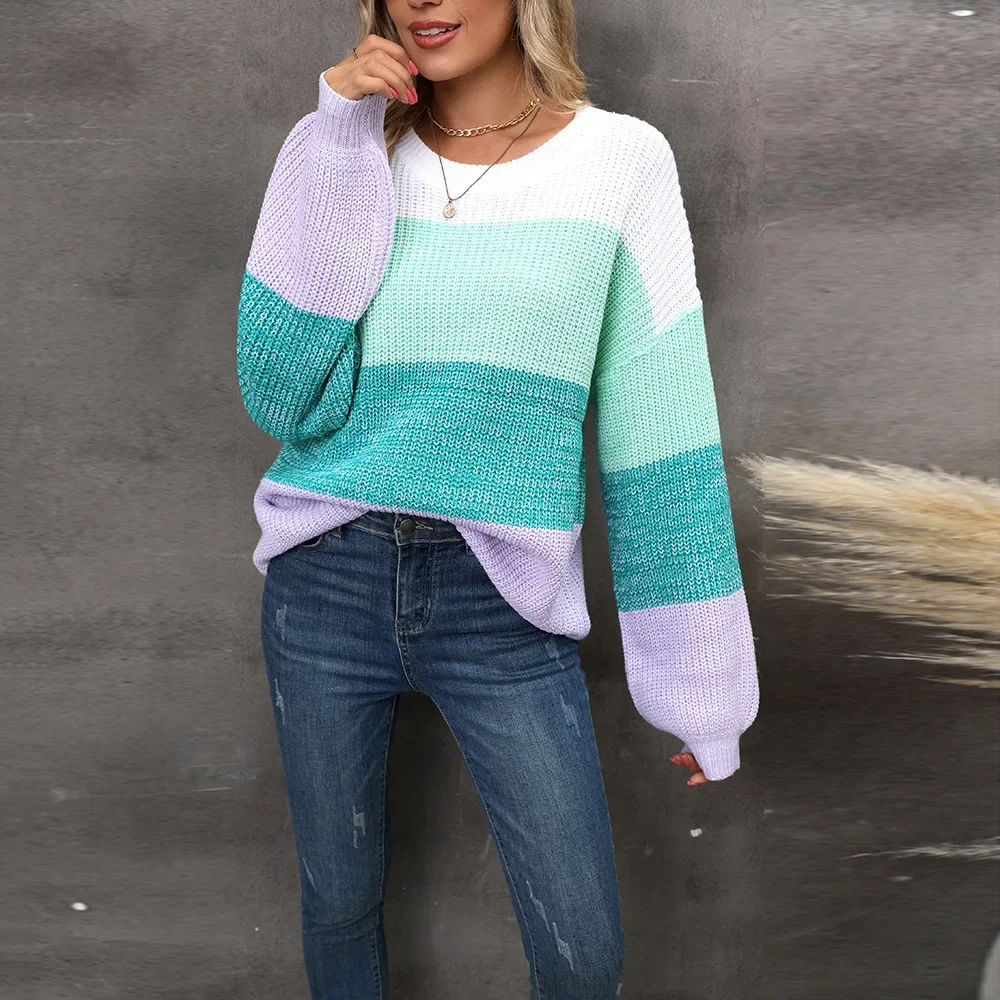 Kintted Sweater Women Colorblock O-neck Crochet Y2k Top Long Sleeve Pullover Spring Autumn Winter Jumper Streetwear Sueter Mujer