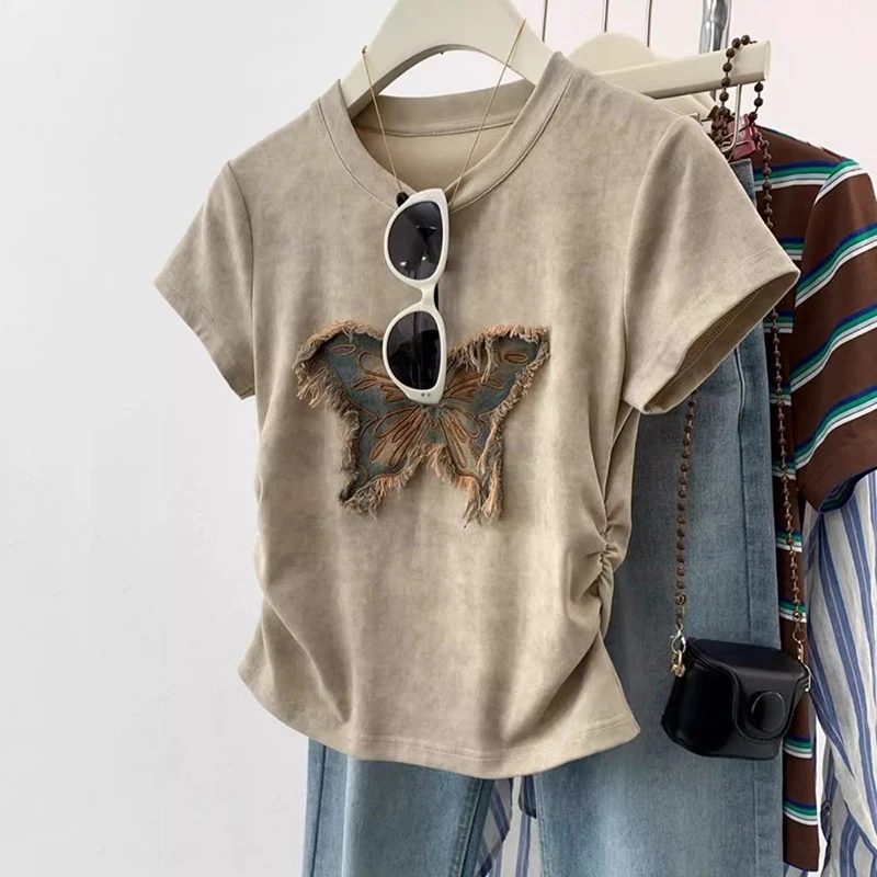 Maglietta da donna coreana Crop Top Estate Manica corta Tees Magliette Femme Slim Coulisse Y2k Ladies Appliques Abbigliamento