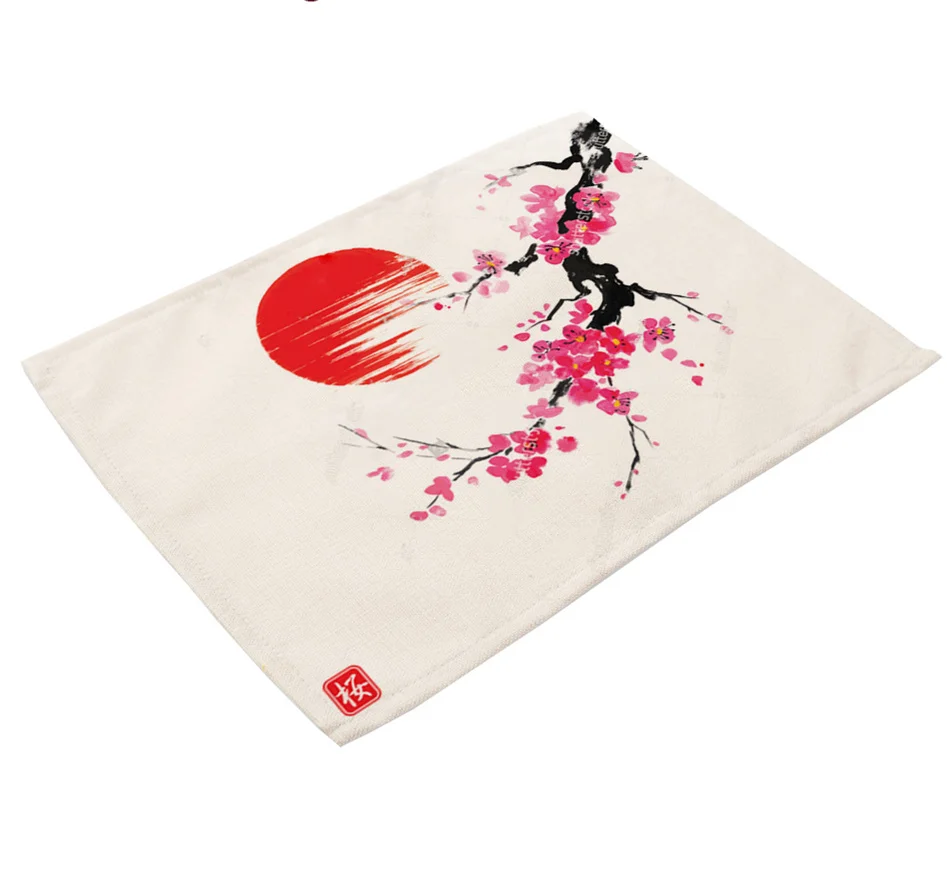 Japanese Landscapes Ink Painting Placemat Linen Dining Table Mats Decor Coaster Pad Bowl Coffee Cup Mat Tablecloth 45x32CM