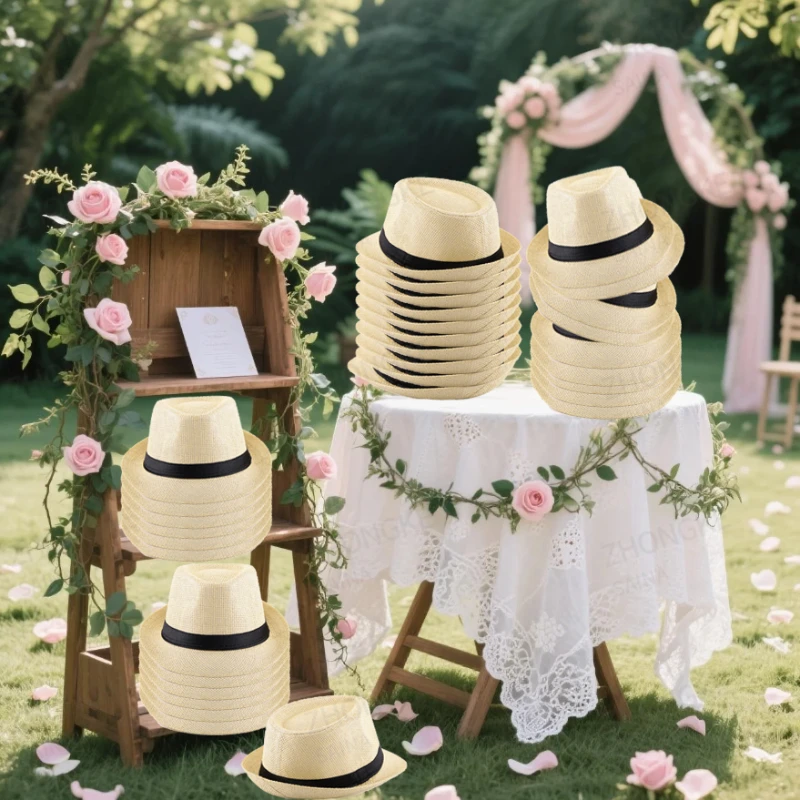 10-50Pcs Straw Fedora Hat Havana Night for Men Women Panama Wedding Party Hat for Guest Trilby Short Brim Cap Birthday Favors view 3