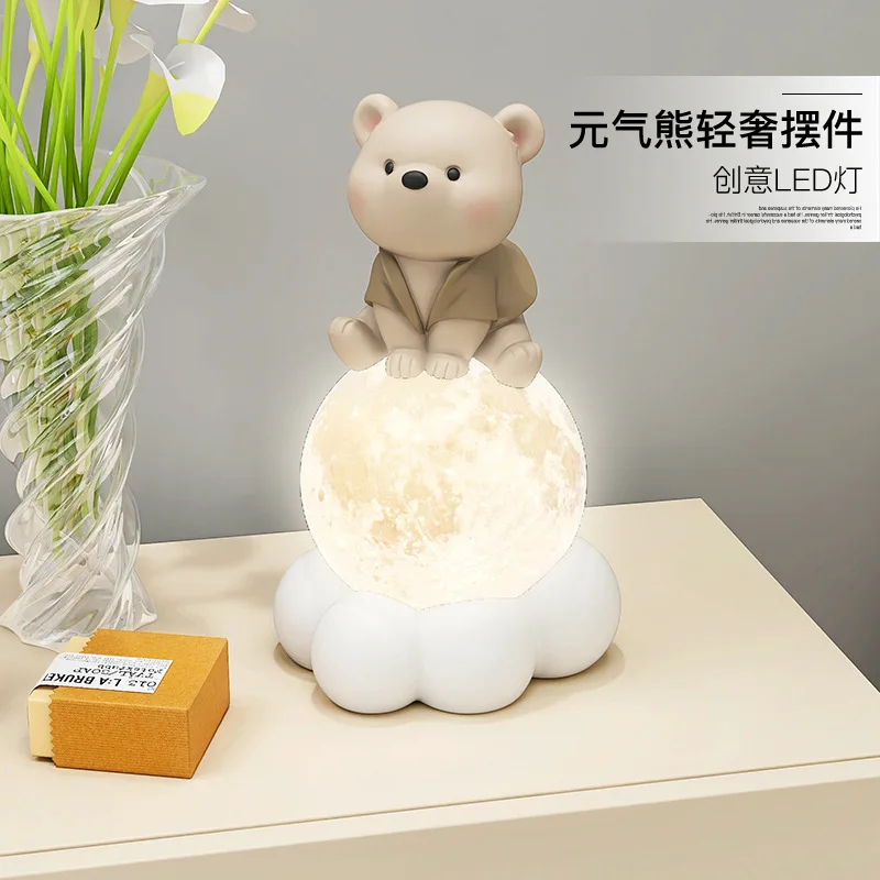 Creative Bear Figurine Night Light Home Decoration Clouds Moon Statues Ornaments Sleep Lamp Nordic Room Decor Christmas Gifts