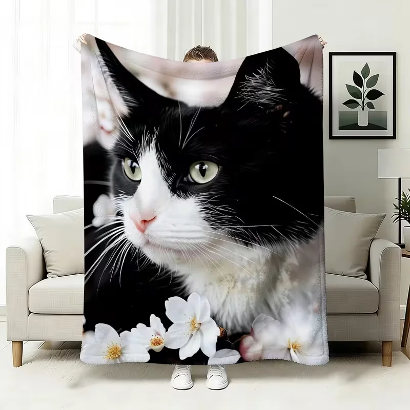 Tuxedo Cat White Cherry Blossom Print Blanket Soft Cozy Blanket All Season For Sofa Bed Lovely Pet Decor