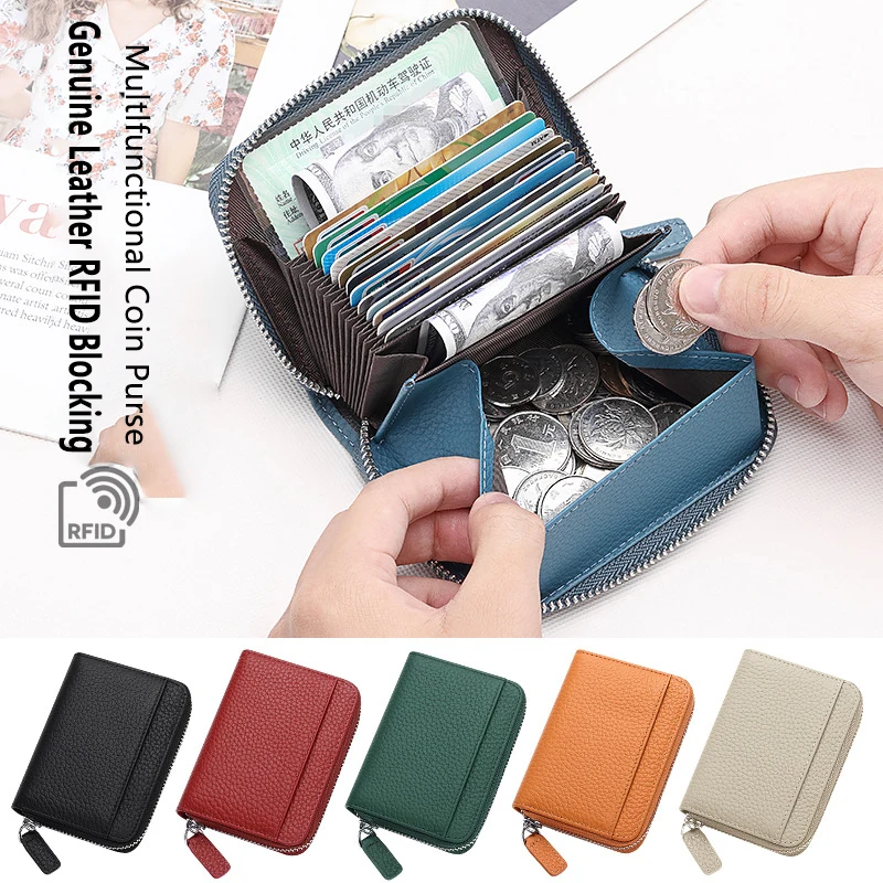 Genuine Leather Accordion Card Holder for Women, RFID Blocking Card Sleeve, Multi-function Coin Purse & Business Card Case