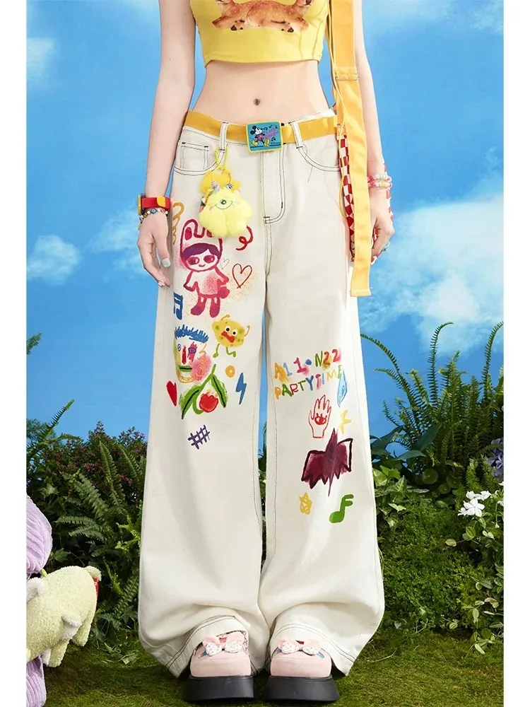 2025 Summer New Women's White High-Waisted Wide-Leg Pants Cartoon Hand-Painted Print Loose Straight Long Jeans