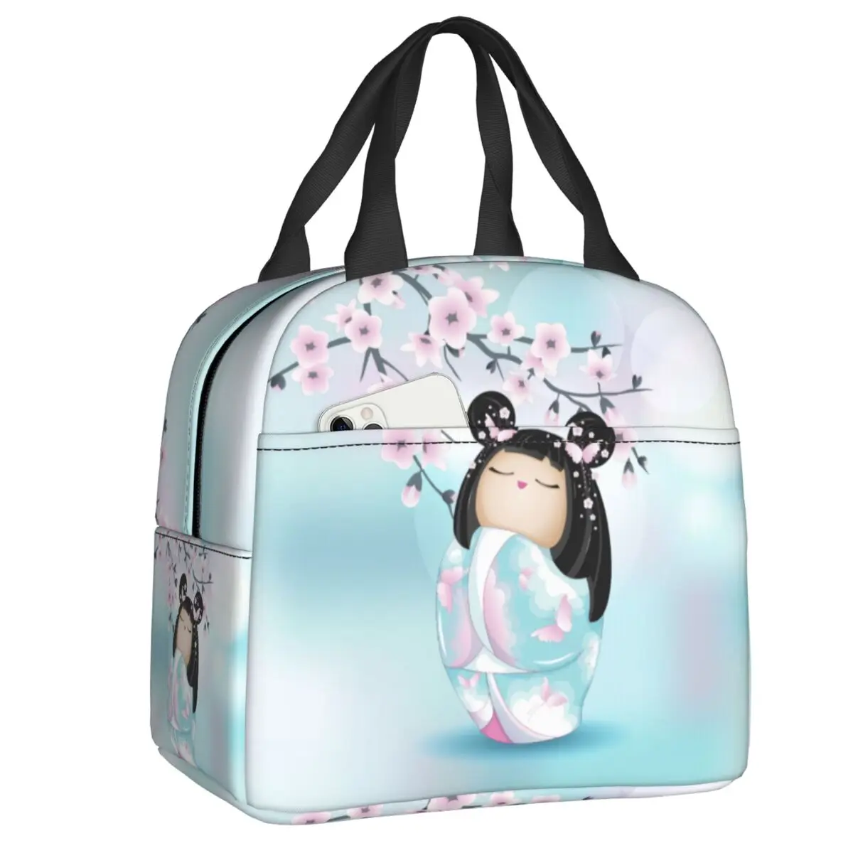 Kokeshi Doll Cherry Blossoms Insulated Lunch Bag Reusable Cooler Thermal Bento Box Women Food Container Tote Bags