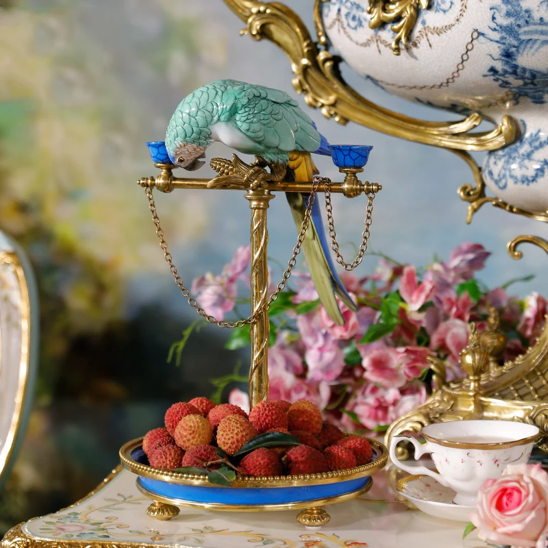 Luxury Ceramic Copper Creative Blue Parrot Candle Holder French Creative Storage Fruit Candy Tray Desktop Decoration Ornament