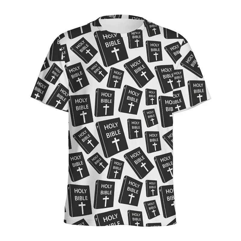 Camiseta con patrón de cruz cristiana para hombres y mujeres, camisetas con estampado 3D de la Santa Biblia, moda de verano, cuello redondo, camisetas sueltas de manga corta, ropa de calle