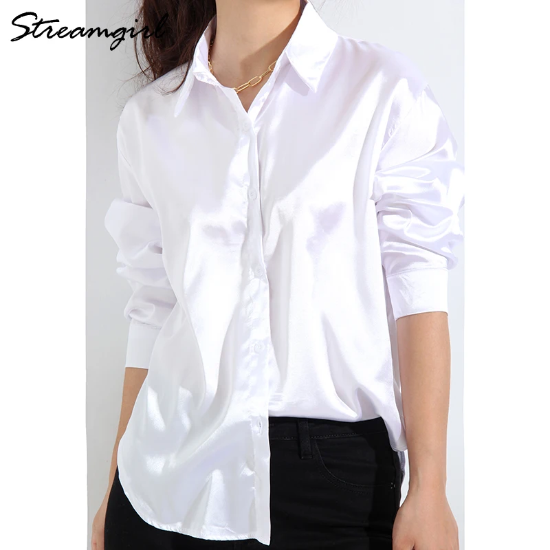 Elegant Satin Solid Long Sleeve Blouses Women 2022 Women\'s Shirt Simple Design Loose Imitation Silk Oversized Shirts For Women