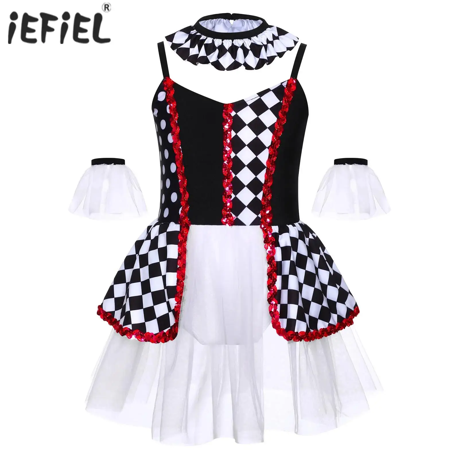 

Kids Girls Clown Cosplay Costume Color Block Sequins Ballet Spaghetti Strap Leotard Tutu Dress with Ruffled Collar Oversleeves