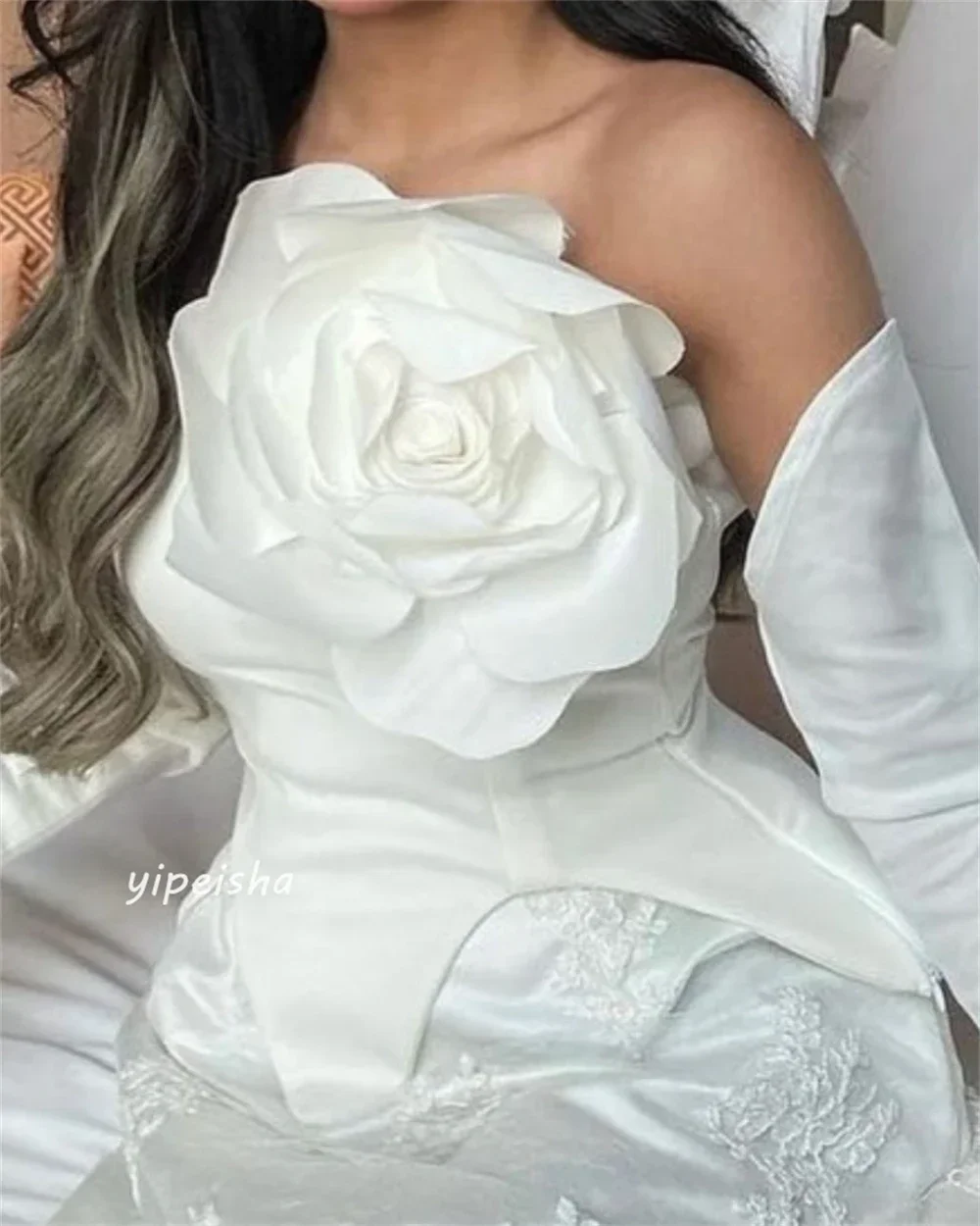 Robe de Soirée en Jersey de Haute Qualité Personnalisée, Tenue Féminine Froncée à Fleurs, Coupe Trapèze, Épaules Dénudées, sur Mesure, pour Occasions