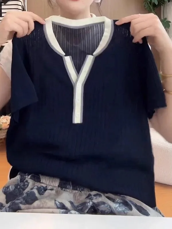 

plus Size f Open Ne ort Sve Knitted Top Women Summer Thin Sle Fat MM High End Slimming Versatile T-irt Upper Body