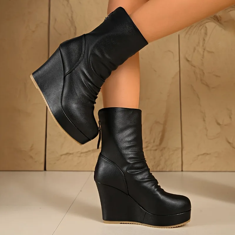 المرأة منتصف العجل أسافين أحذية الشتاء موضة جديدة حذاء كاجوال المرأة أنيقة عالية الكعب جولة تو منصة حذاء أسود النساء