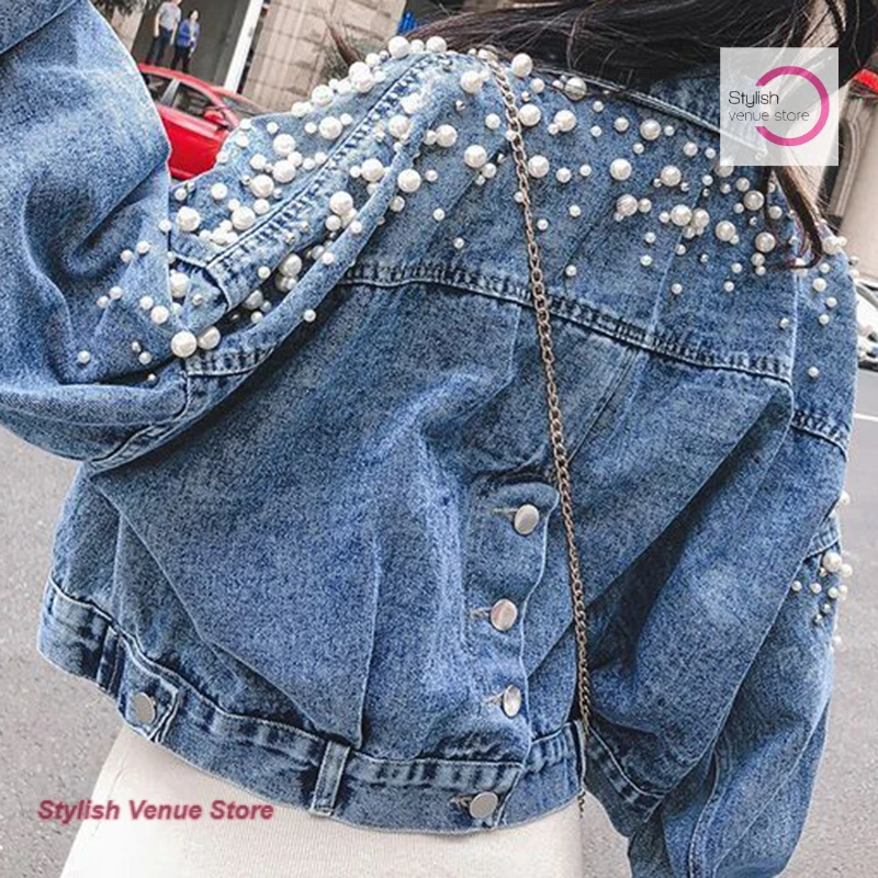 

Korean style fashion loose beaded denim jacket top women's spring and autumn new temperament solid color casual coat.
