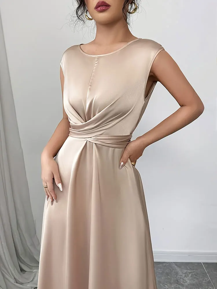 فستان نسائي جديد أنيق برقبة دائرية بدون أكمام بقصة ضيقة وحزام ربط من الساتان ملابس أنثوية فساتين حفلات أنيقة