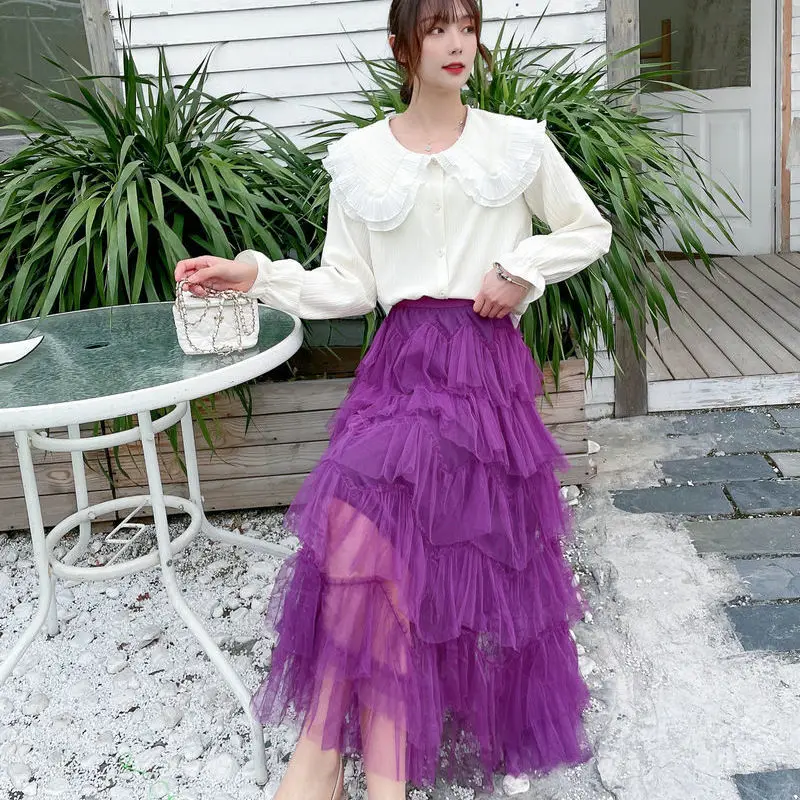 Spring Korean Tutu Tulle Long Skirts Womens Solid A Line High Waist Mesh Tiered Maxi Skirt Female Faldas Aesthetic