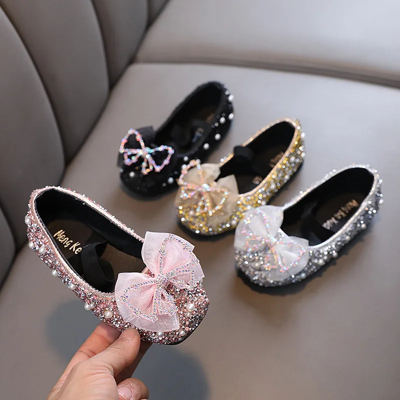 

Girls Summer Single Shoes Children Princess Rhinestone Mesh Bow Velcro Leather Shoes Woman Sequins Pearl Performance Dance Shoes
