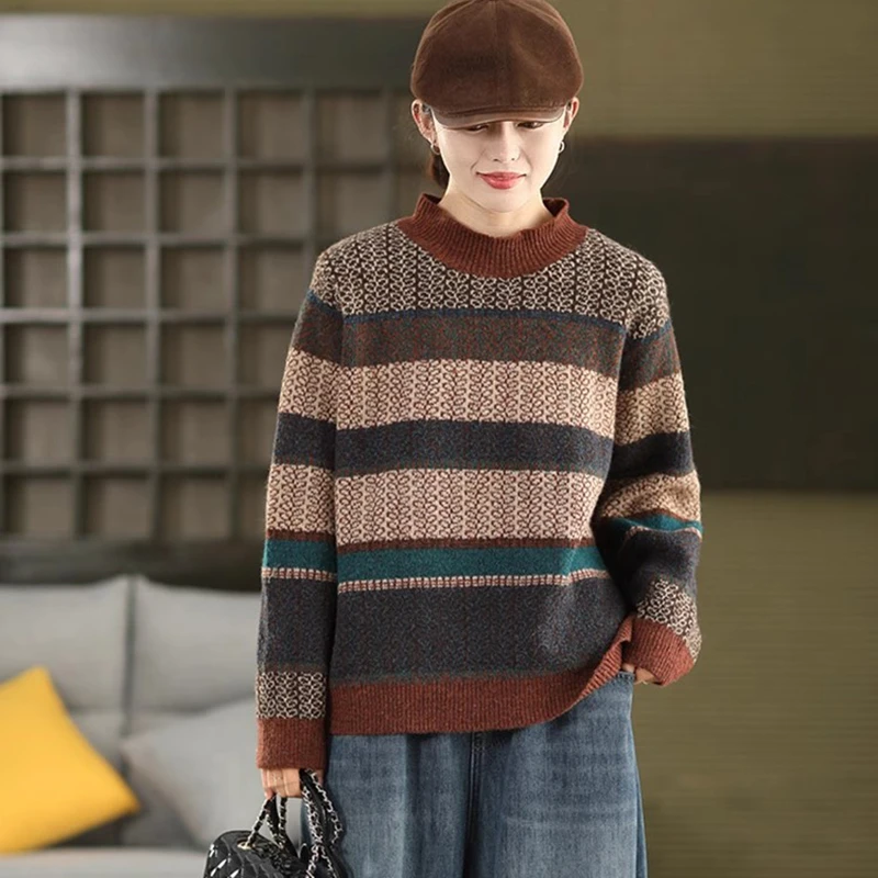 

Women Long Sleeve Knitted Pullovers New Arrival 2025 Winter Simple Style Vintage Striped Loose Female Casual Sweaters M2063