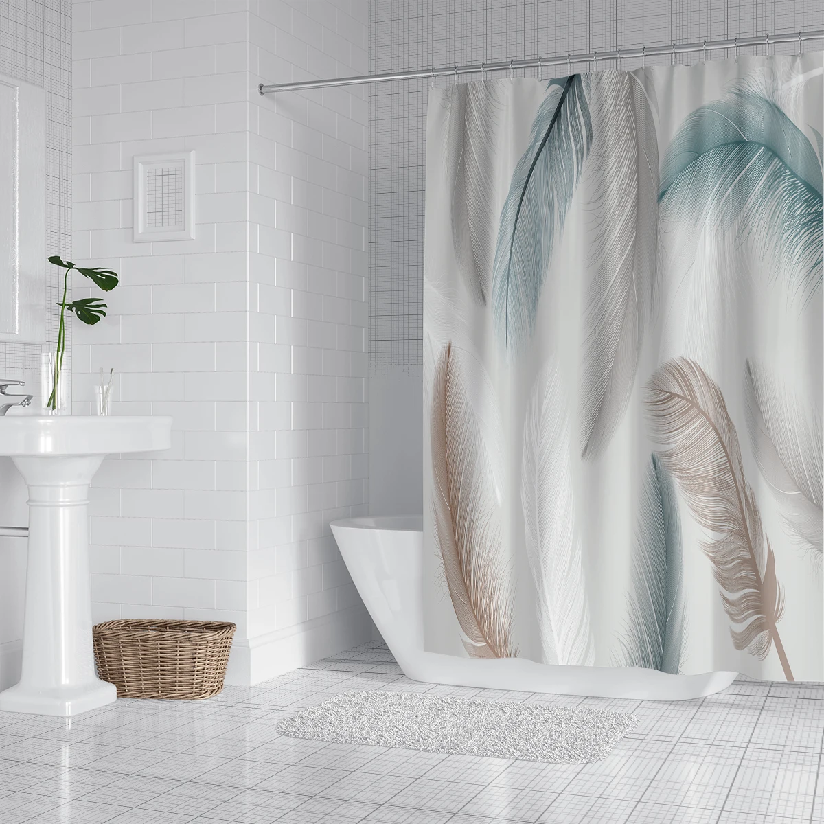 1pc, 180x180cm polyester shower curtain, mildew proof, waterproof, perforated with hooks, anti-pilling, feather pattern