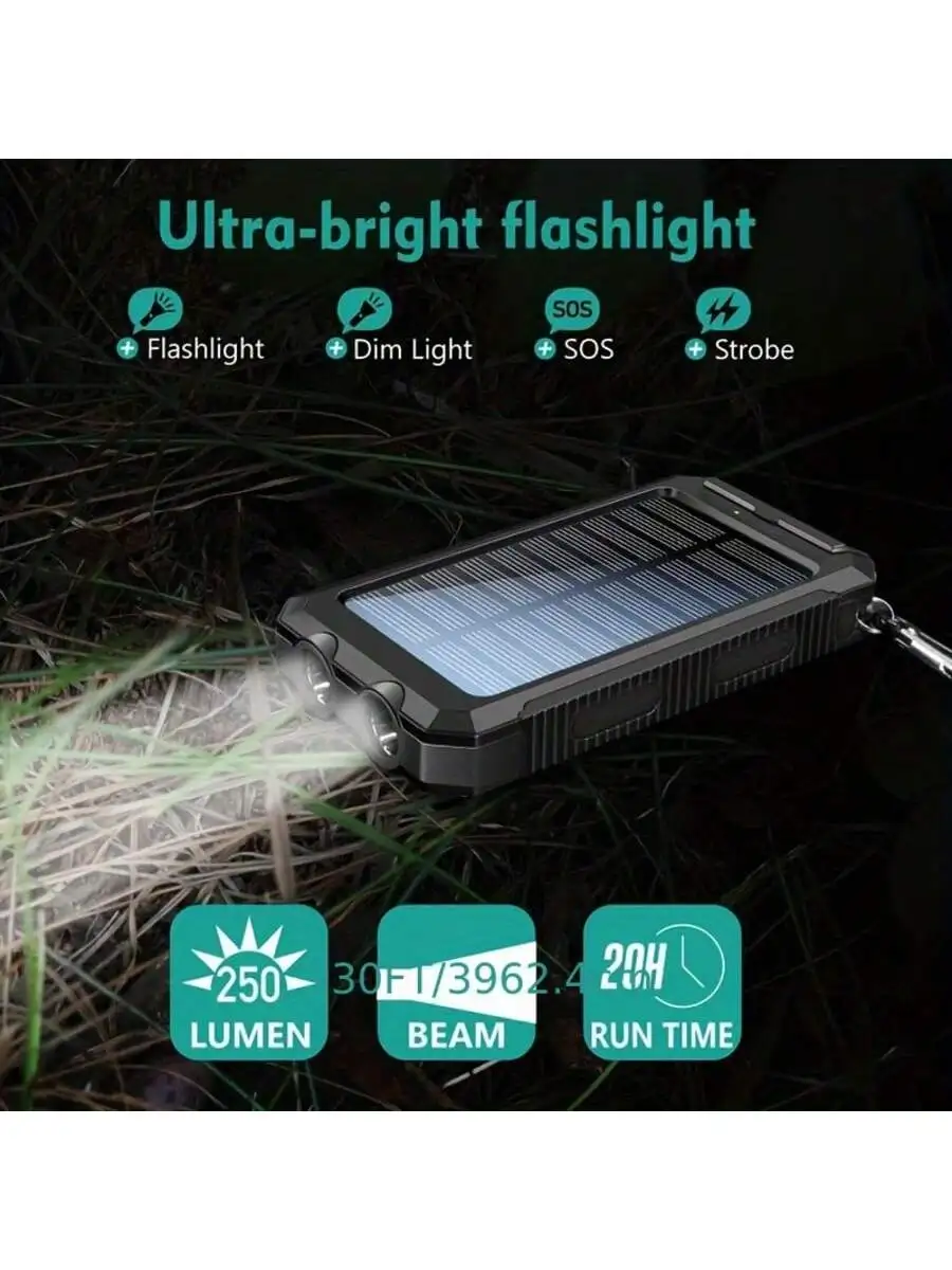 بنك الطاقة المحمول للأنشطة الخارجية، شاحن الطاقة الشمسية، يمكن شحنه بواسطة طاقة الطاقة الشمسية، مع مصباح يدوي فائق السطوع.