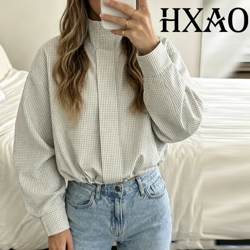 

HXAO 2026 Woman Plaid Bomber Jackets Demi-Season Long Sleeve Windbreaker Jacket Loose Fit Checkered Cropped Jacket Streetwear