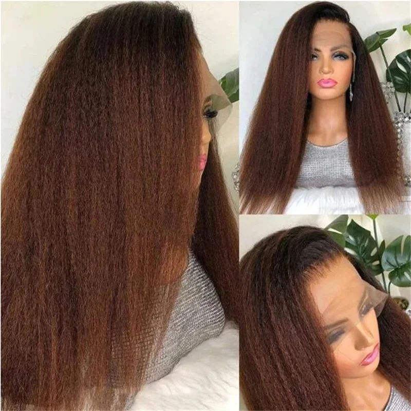 Yaki Kinky Straight Lace Front Wig para mulheres, peruca sintética pré-arrancada, cabelo longo de bebê, marrom ombre, resistente ao calor, densidade