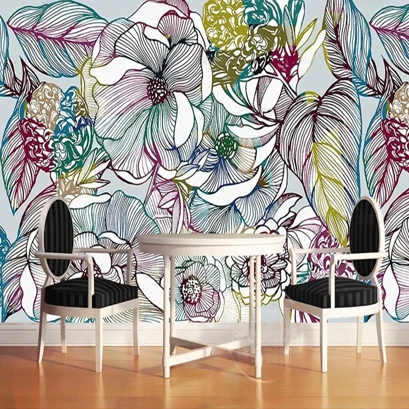 Simple elegant romantic and retro hand-painted floral pattern lines artistic mural TV luxurious home decoration background wall