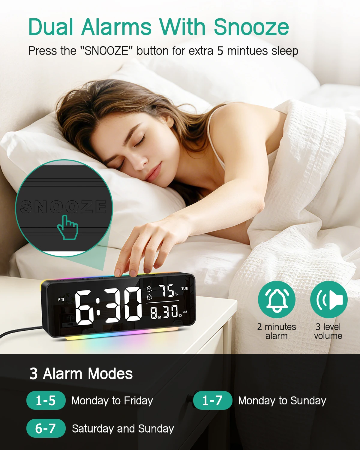 Reloj despertador LED con luz ambiental multicolor y temperatura - imagen 2