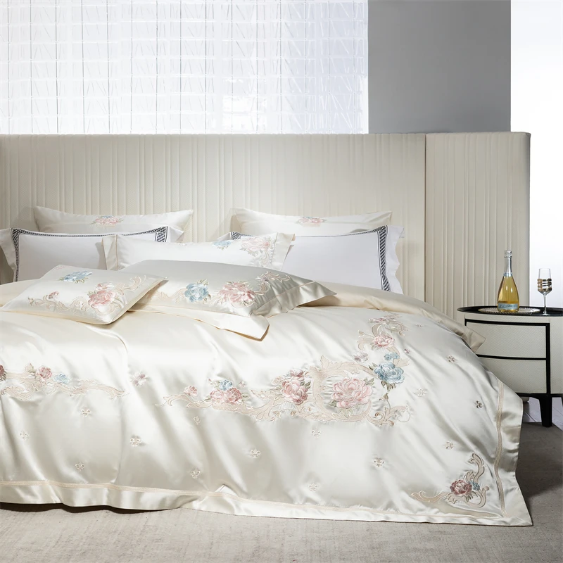 4/7Pcs 화려한 브로케이드 코튼 새틴 자수 세련된 침구 세트 코튼 침대보 이불 커버 Pillowcases 더블 퀸 킹 사이즈