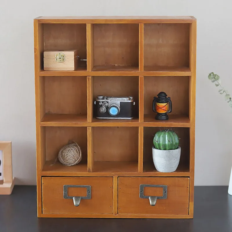 9-Check Wooden Storage Shelf w/ 2 Drawers Office Display Cabinet Pine Storage Organizer Shelf Brown