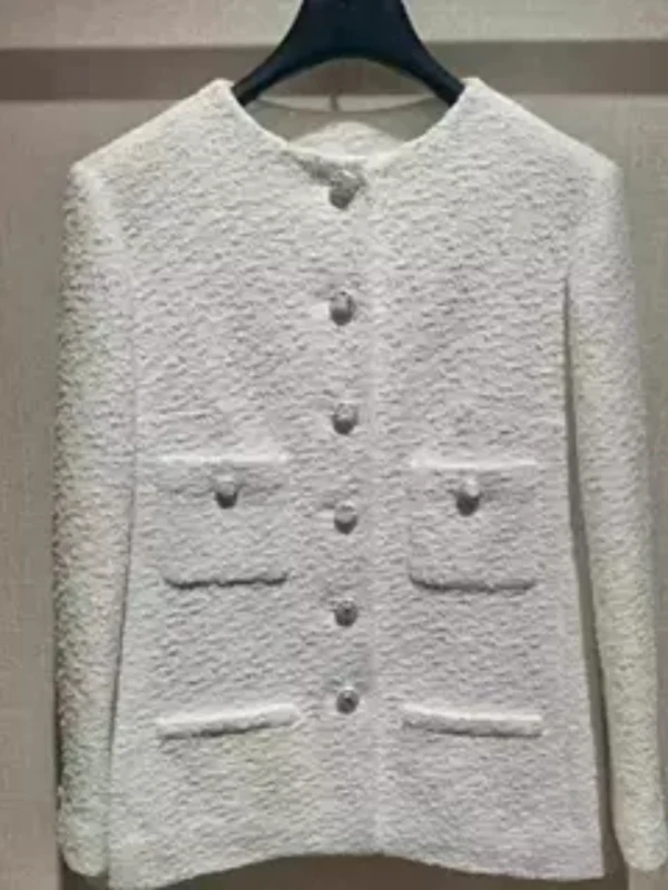 

White Boucle Dr Women's Midi Outerwear Cardigan Autumn Elegance Ladylike Premium Feel Top Button round Ne Long Sve