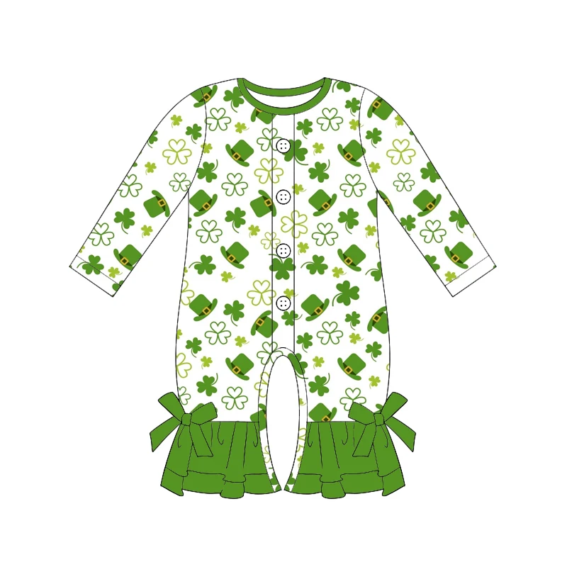 Girls Long Sleeve Jumpsuit with Lace Bow Four Leaf Clover Print Toddler Clothing New Baby Boutique Children's Set