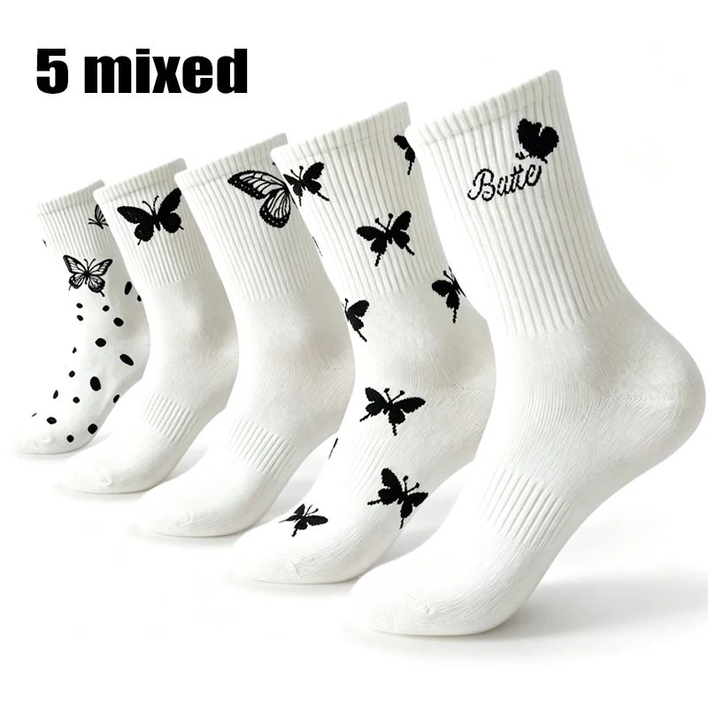 Arbitrary optional 5 pairs set Knitted embroidery women's white different style butterfly alphabet pattern new product socks