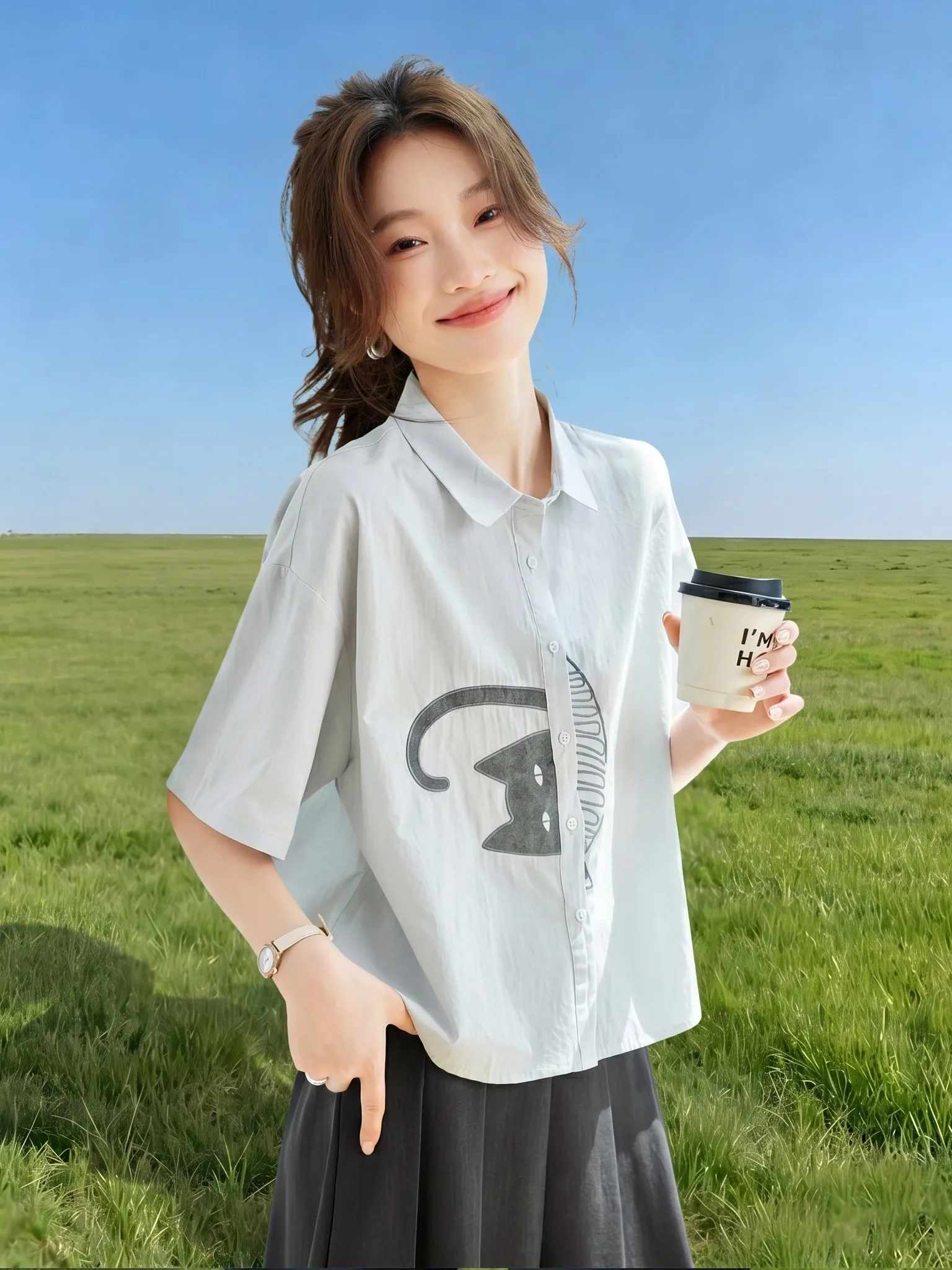 

Casual Summer New Style Women's Fashionable Cartoon Turn-down Collar Short Sleeve Loose Elegant Versatile Top Breathable Thin