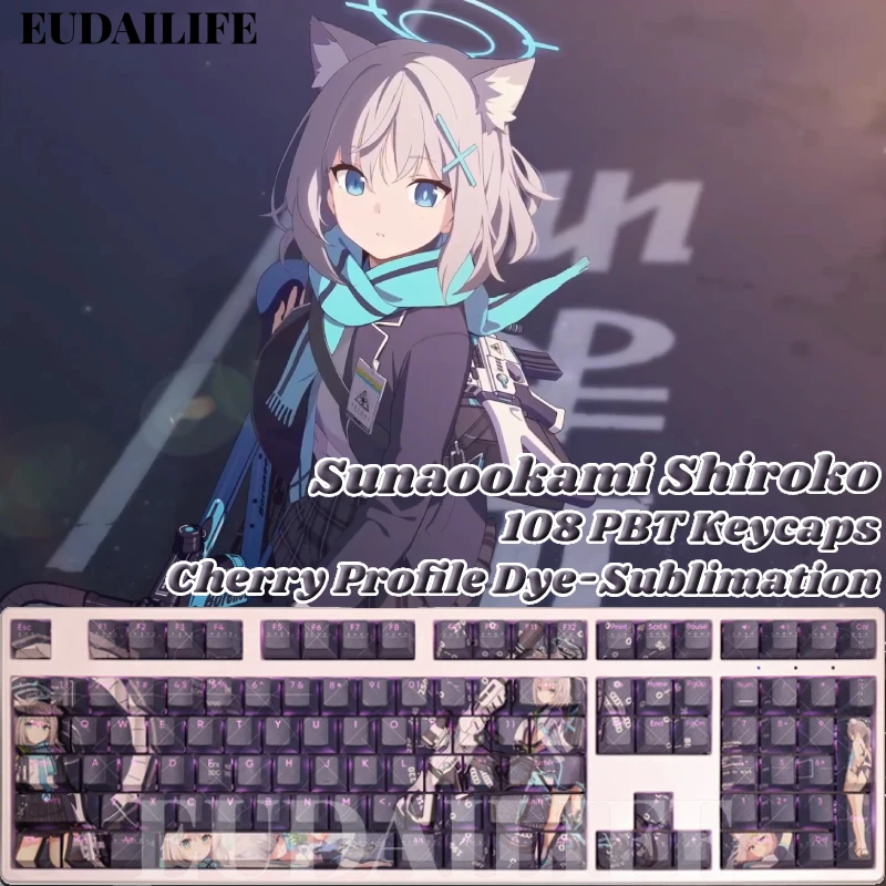 Sunaookami Shiroko 108 Keycap Blue Archive PBT DYE Sublimation Light Transmitting Cherry Switch Key Cover Mechanical Keyboard