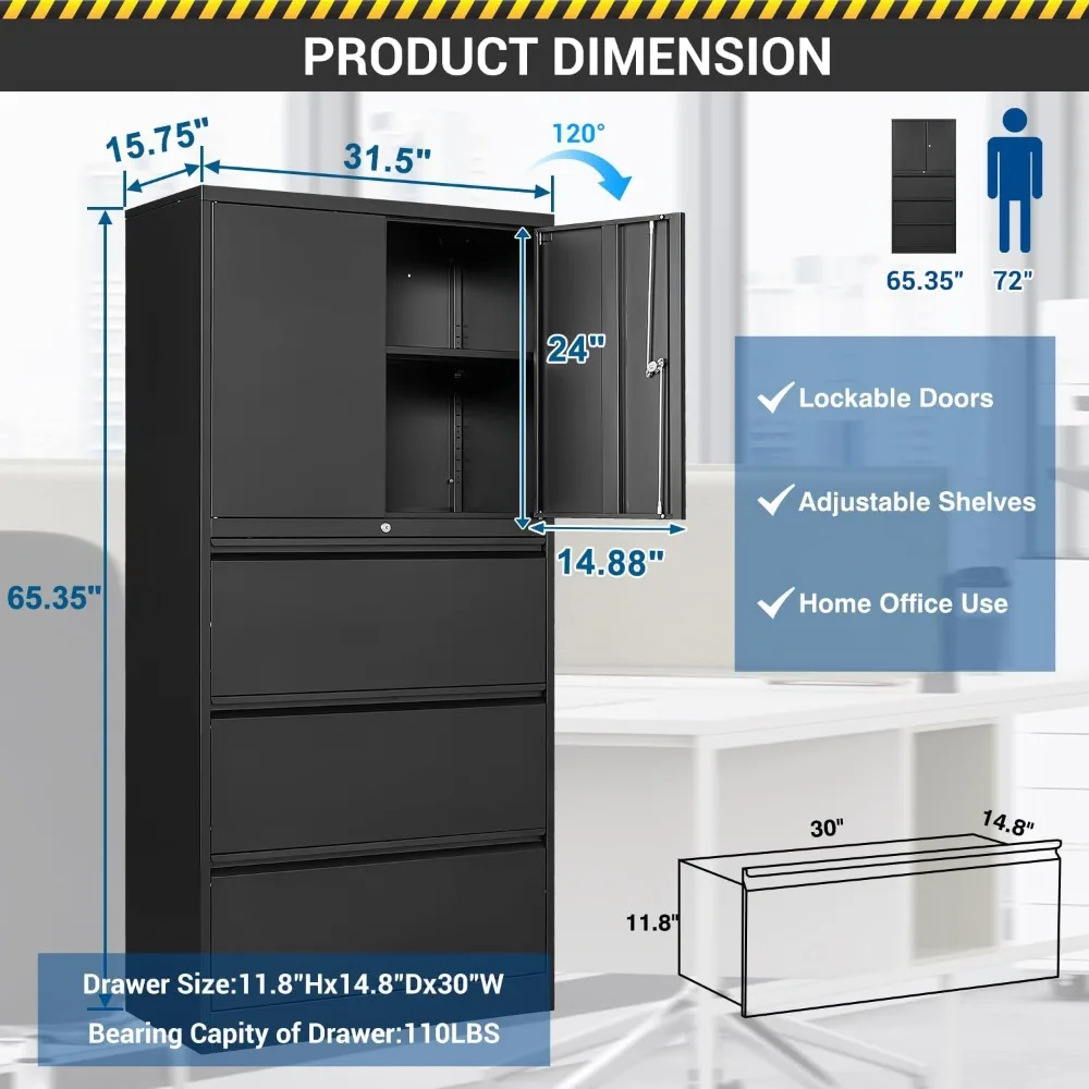 File Cabinet with Lockable Drawer and Door- Large Steel Filing Cabinet, Bear 180 Pounds, Easy To Assemble Office Cabine