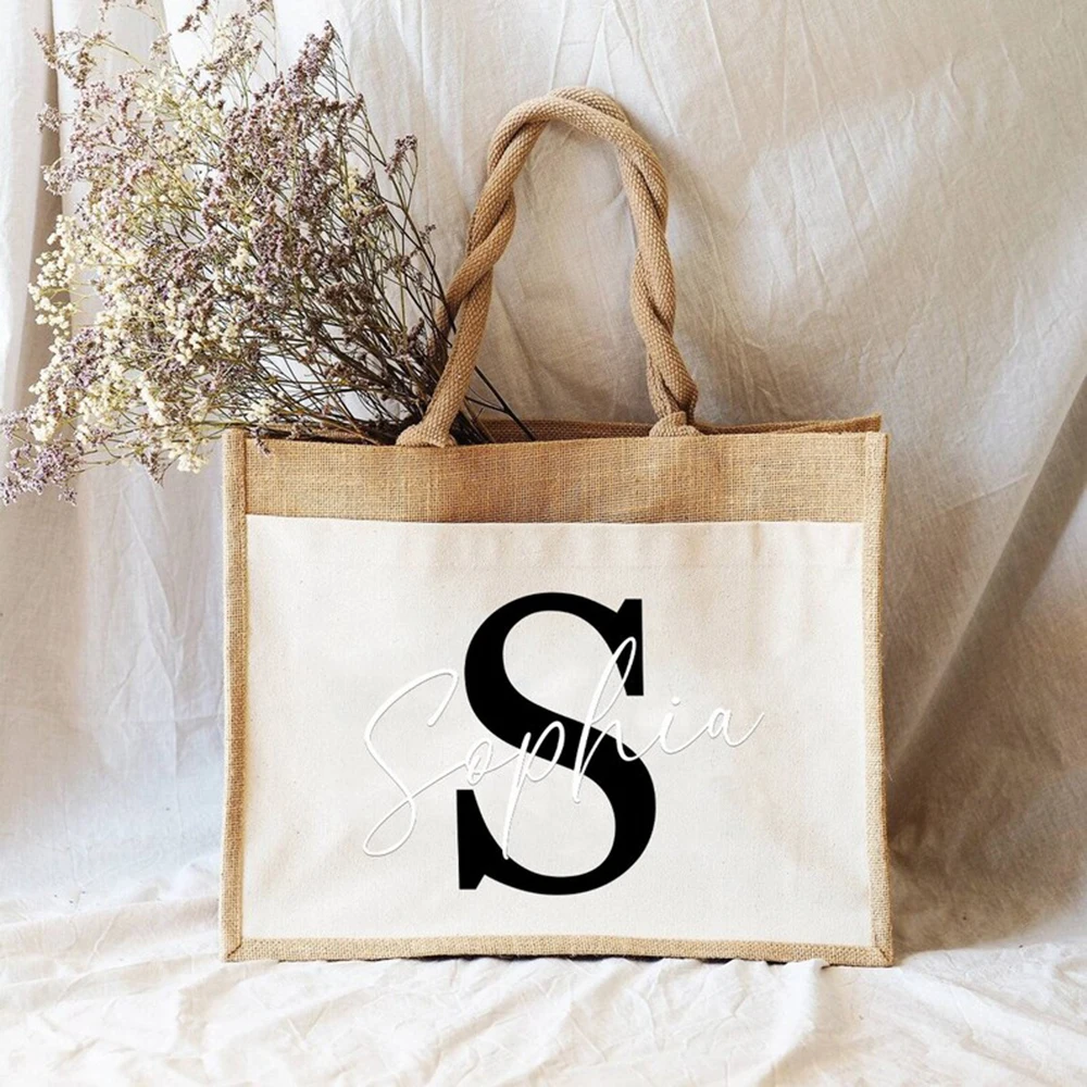 

Sustainable Use Of Large Capacity Jute Bag Customized With Your Name And Initials Designed Shopping Bag Personalized Gift