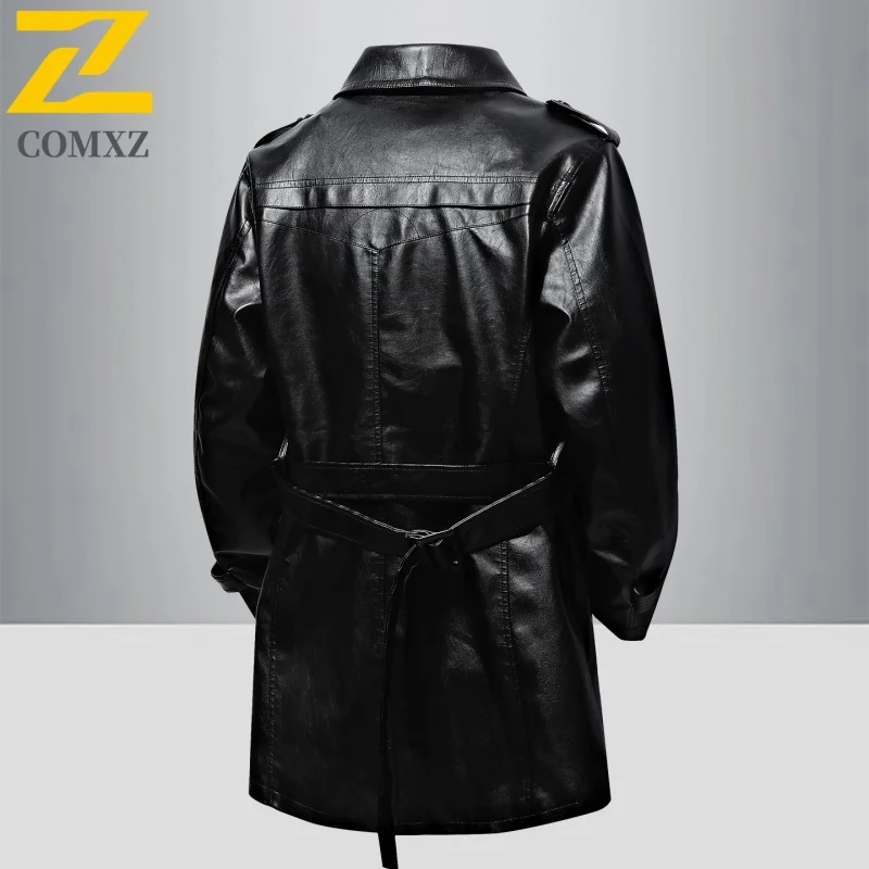 COMXZ Men Motorcycle Jacket New Trendy Loose Working Windproof PU Leather Coat Luxury Elegant Medium And Long Styles Windbreaker