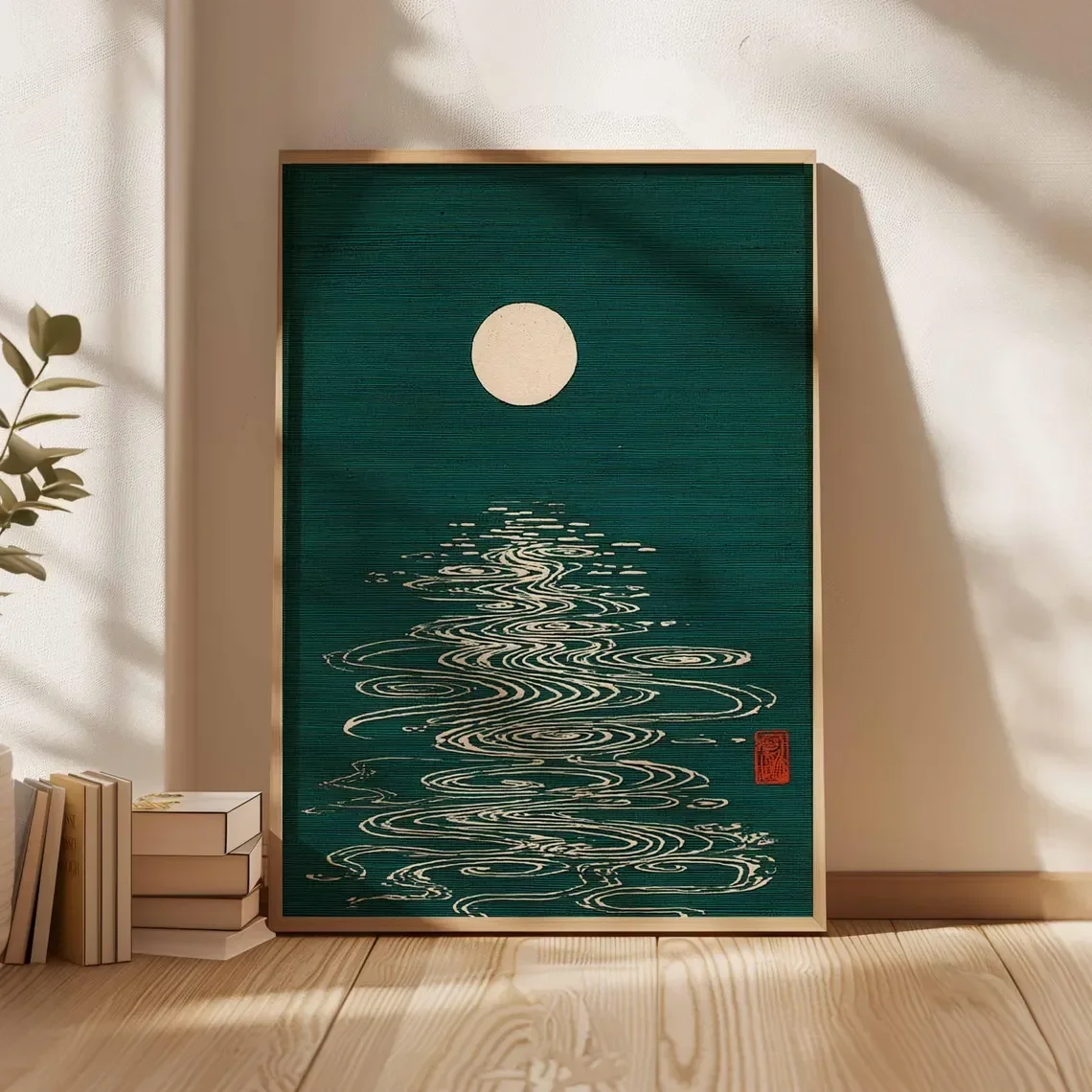2026Moon Water Reflection Wall Art - Timeless Japanese Print Evoking the Calm of a Moonlit Night, with Fluid Linework Capt