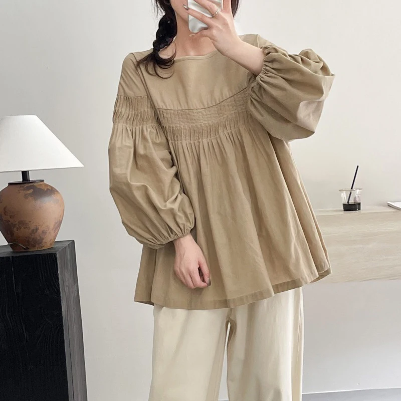 Johnature Autumn New Women Clothing Casual Tops 2024 New Vintage Cotton Linen Loose Pleated Loose Shirts