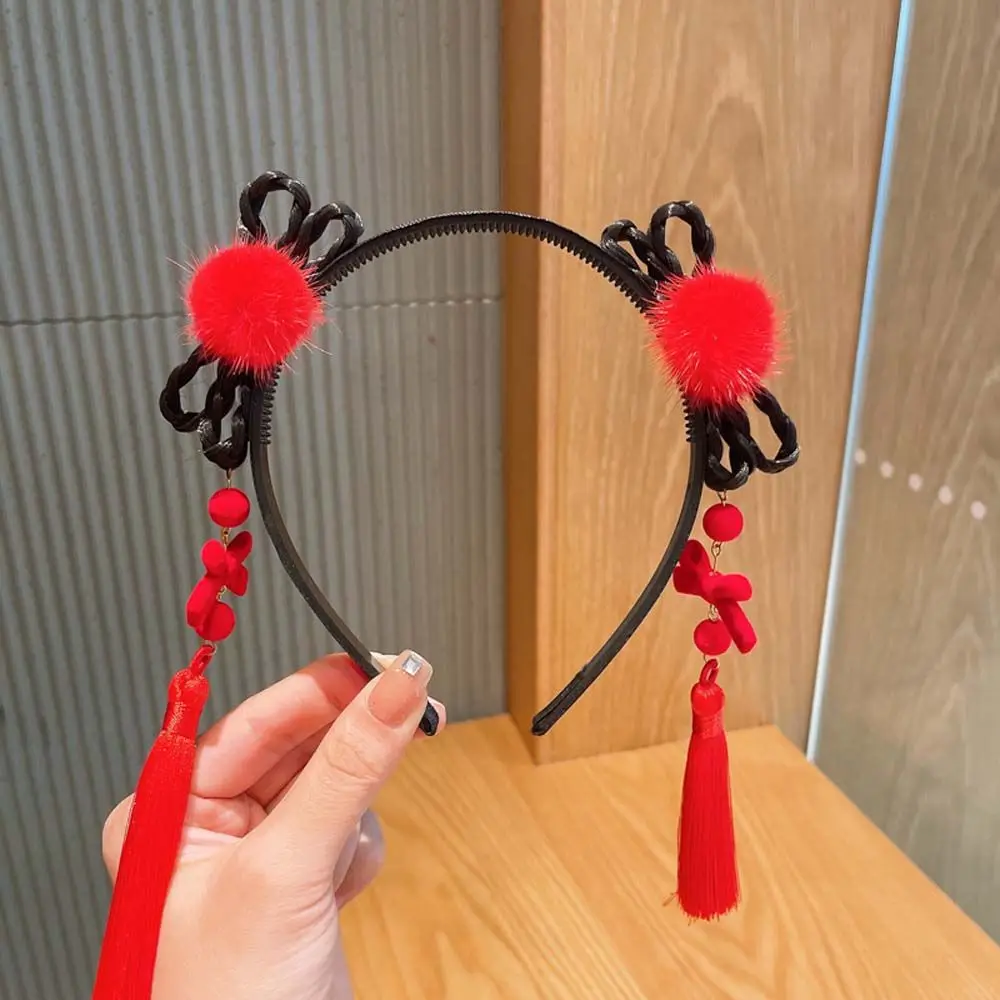 Accessories Girls Pigtail Wig Tassel Pearl Bow New Year Headress Chinese Style Hair Band Hanfu Hair Hoop Children\'s Headband