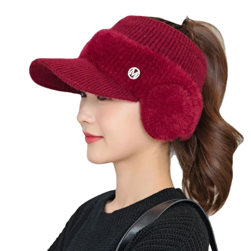 Autumn and Winter Women's Ear Protection Winter Hat Fashion Peaked Cap Air Top Polyester Woolen Cap Riding Cold-Proof Knitted Ha