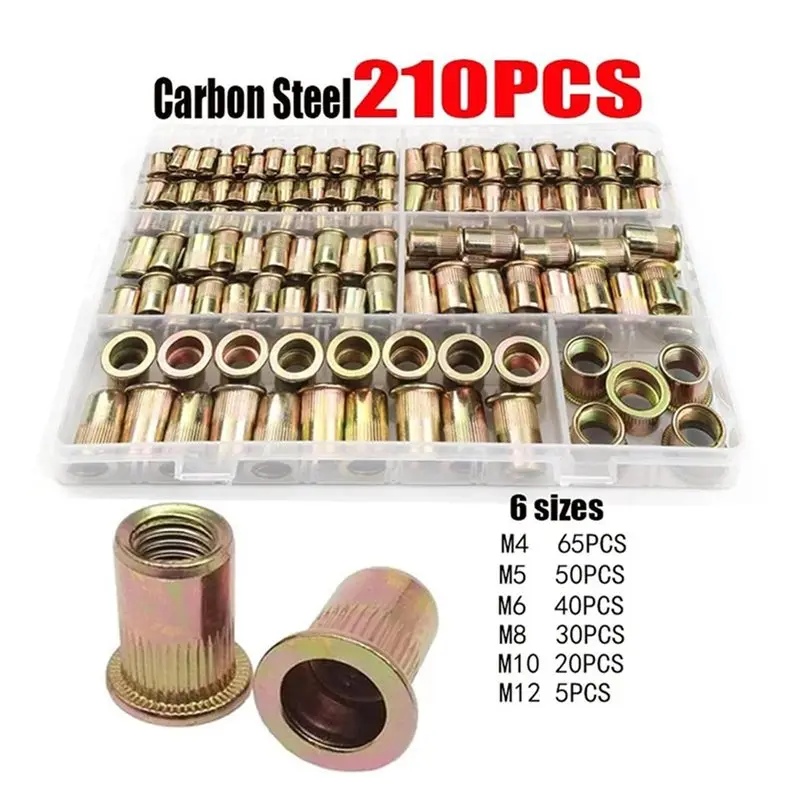 ABCA-210PCS Box Rivet Nuts Carbon Steel - Flat Head Rivet Nuts Set Hardware Multi Sizes Insert Rivet Nuts(210PCS -)