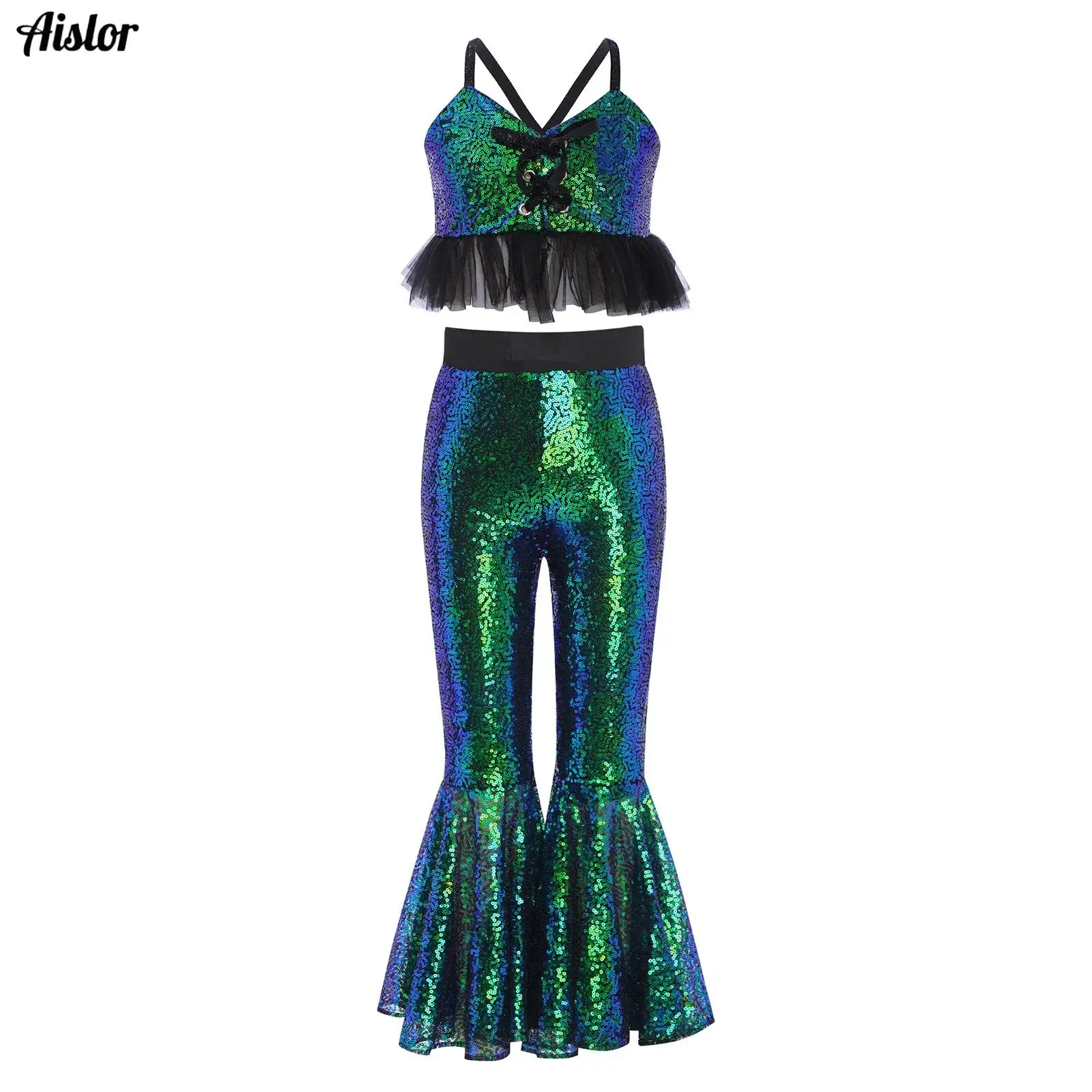 

2Pcs/Set Kids Girls Jazz Latin Disco Dance Costume Spaghetti Straps Tulle Ruffles Glittery Sequins Camisole with Flared Pants