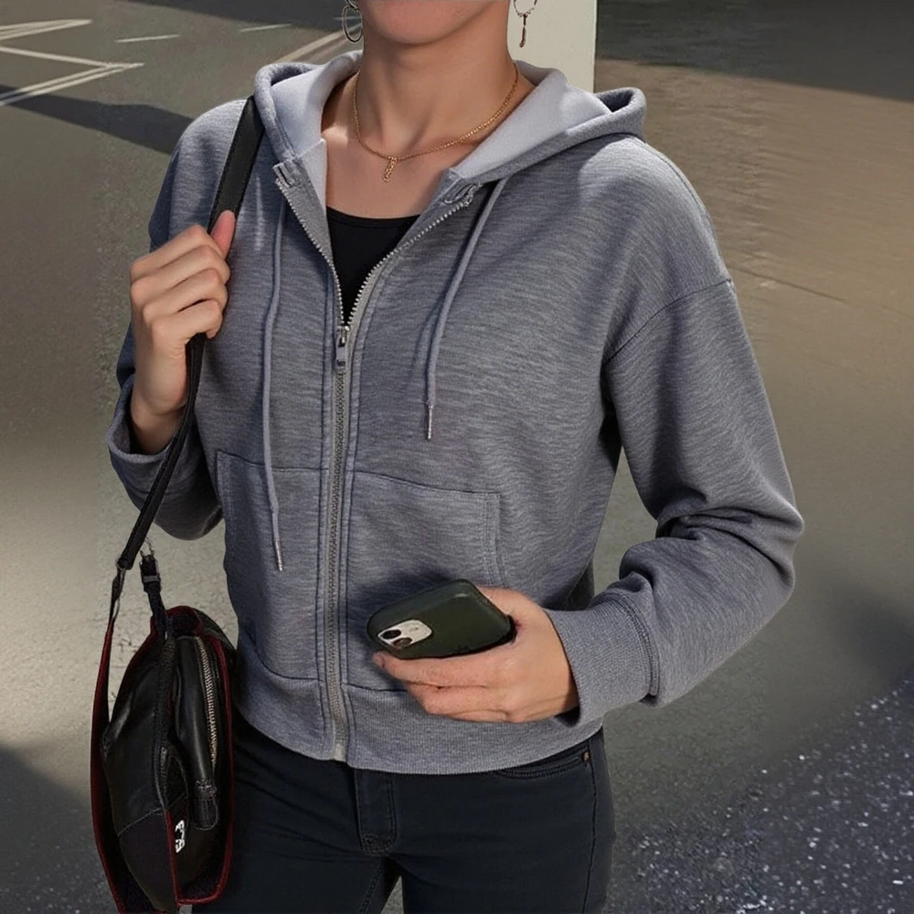 هوديي نسائي بأكمام طويلة بلون سادة للخريف والشتاء أنيق K-Fashion مريح بسحابات