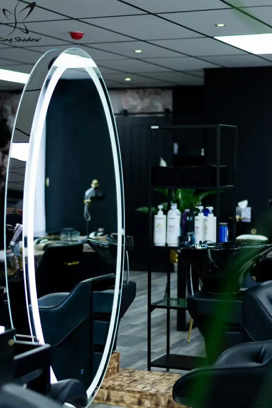 Móveis de salão de beleza dupla face led espelhos de maquiagem estações de estilo estação de espelho de beleza oval metal salão de beleza cuidados de beleza moderno