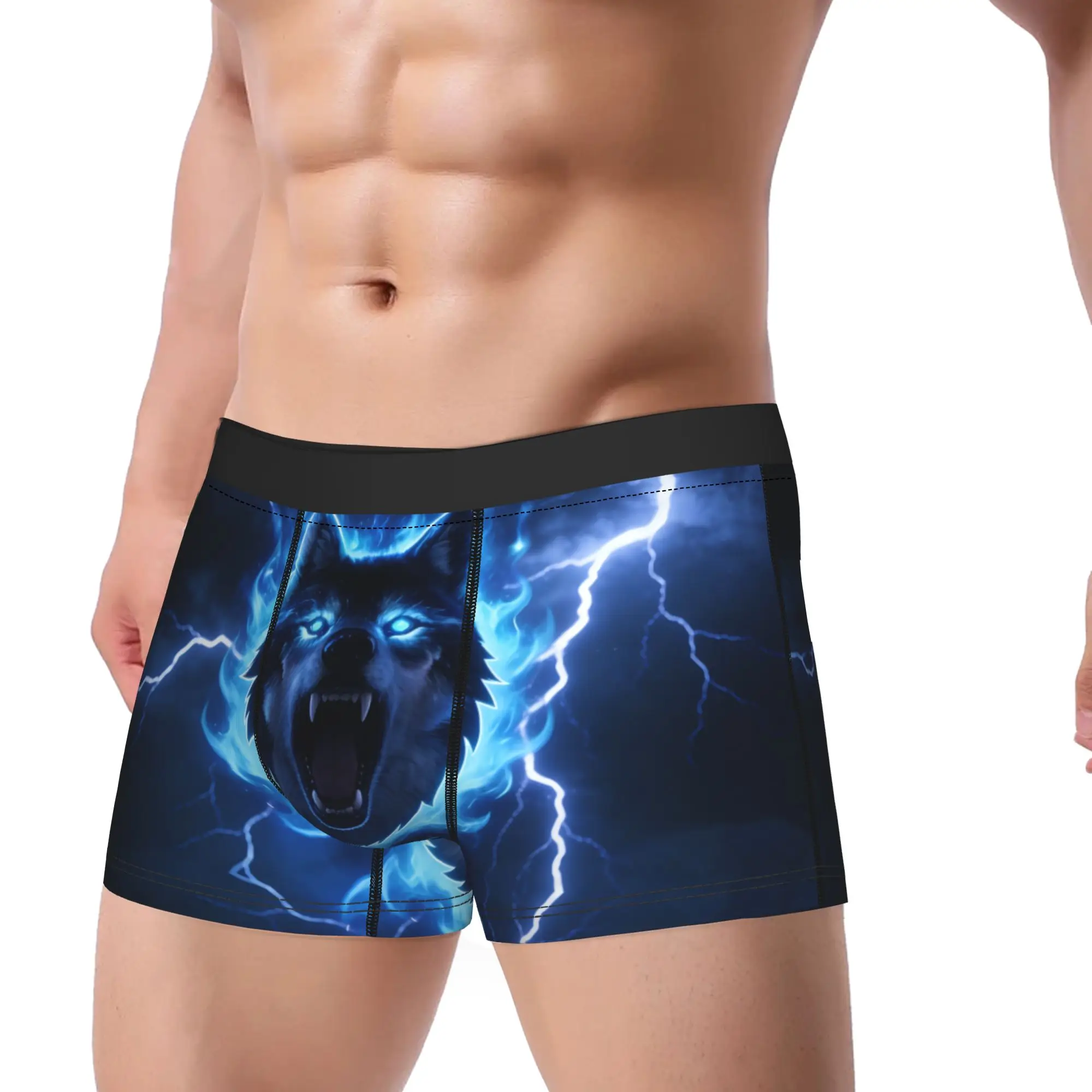 Sexy Boxer Blue Flame Howling Wolf Shorts Panties Briefs Men's Underwear  Polyester Underpants for Homme Plus Size