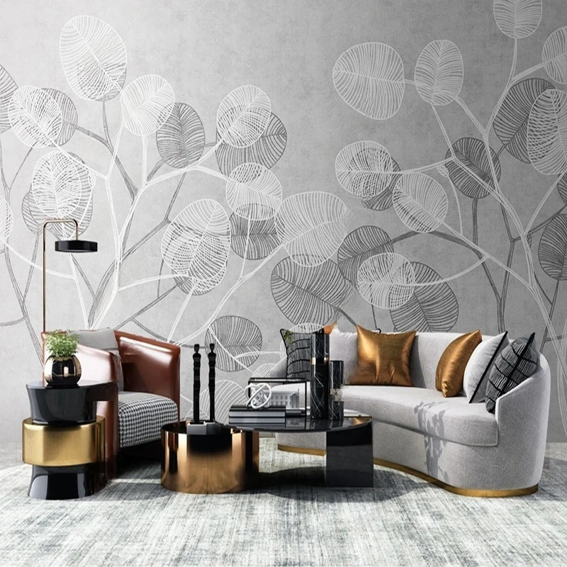 Nordic Retro Hand-painted Custom Wallpaper Murals Line Art Leaves Nature Wall Decor Background Painting for Modern Living Room