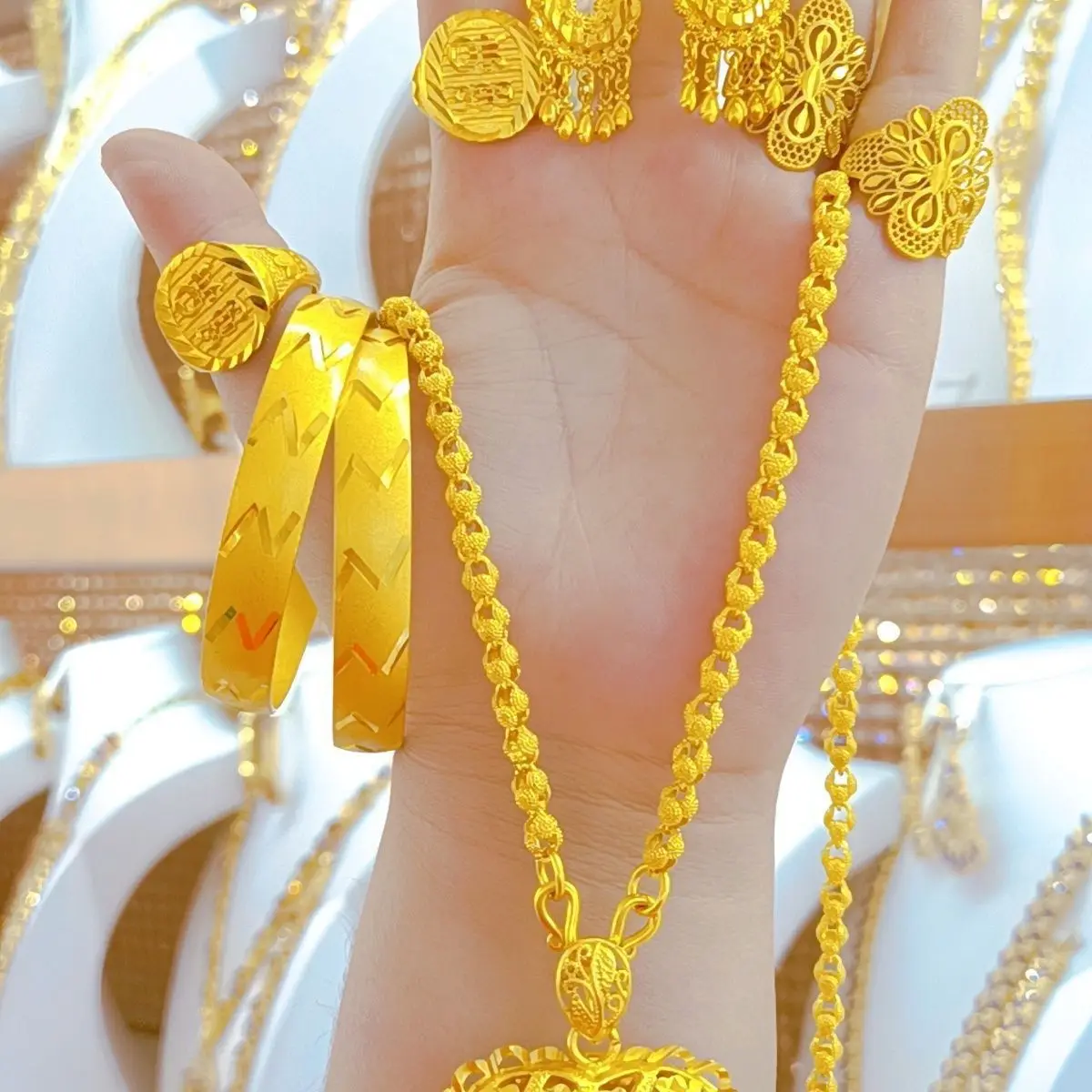 Popodion Women's Jewelry New 14K Gold Plated Dubai Jewelry Necklace Bracelet Ring Women's Earring Set Jewelry YY10312 - view 4